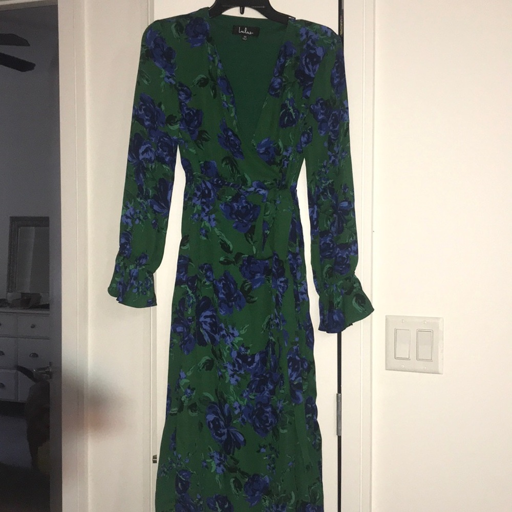 Green and blue wrap dress